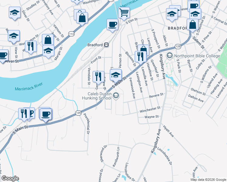 map of restaurants, bars, coffee shops, grocery stores, and more near 502 South Main Street in Haverhill