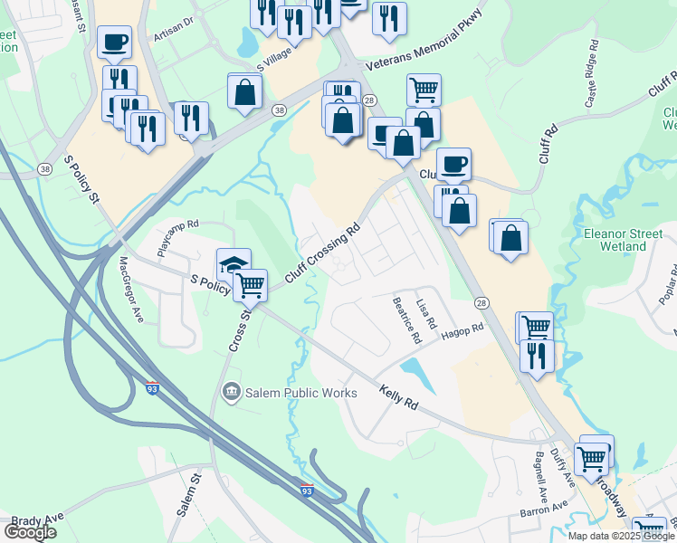 map of restaurants, bars, coffee shops, grocery stores, and more near 113 Cluff Crossing Road in Salem