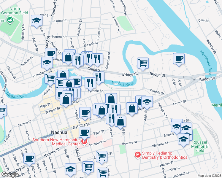 map of restaurants, bars, coffee shops, grocery stores, and more near 84 Temple Street in Nashua