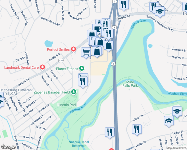 map of restaurants, bars, coffee shops, grocery stores, and more near None in Nashua