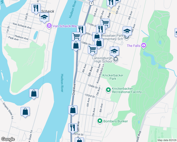 map of restaurants, bars, coffee shops, grocery stores, and more near 250 4th Avenue in Troy