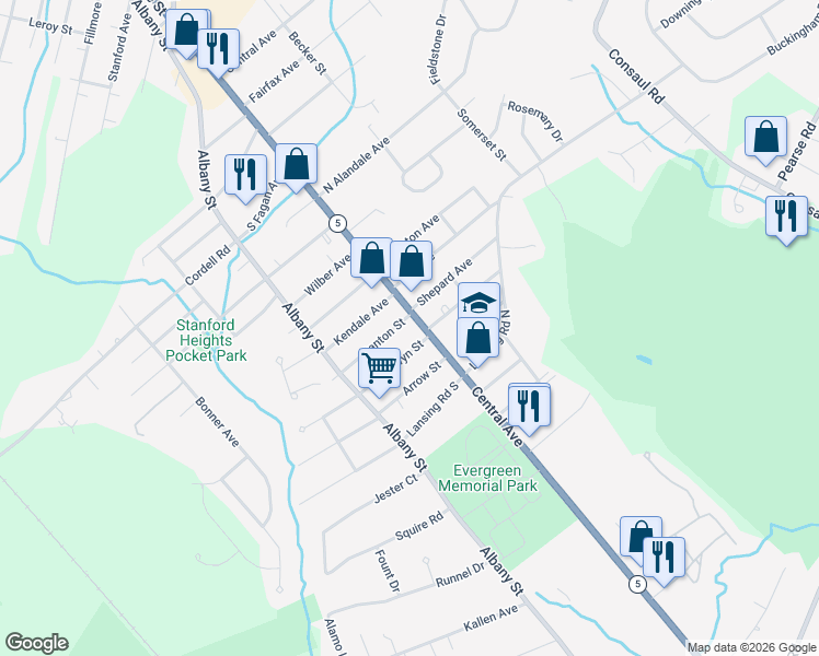 map of restaurants, bars, coffee shops, grocery stores, and more near 2212 Central Avenue in Schenectady