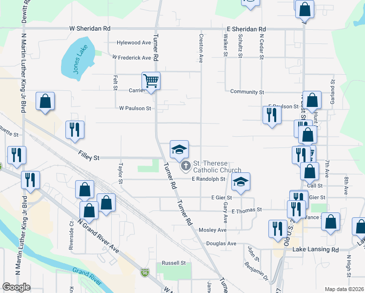map of restaurants, bars, coffee shops, grocery stores, and more near 123 West Jackson Street in Lansing