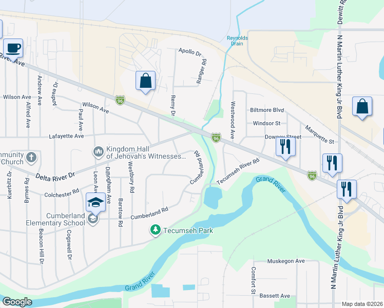 map of restaurants, bars, coffee shops, grocery stores, and more near 1945 Cumberland Road in Lansing