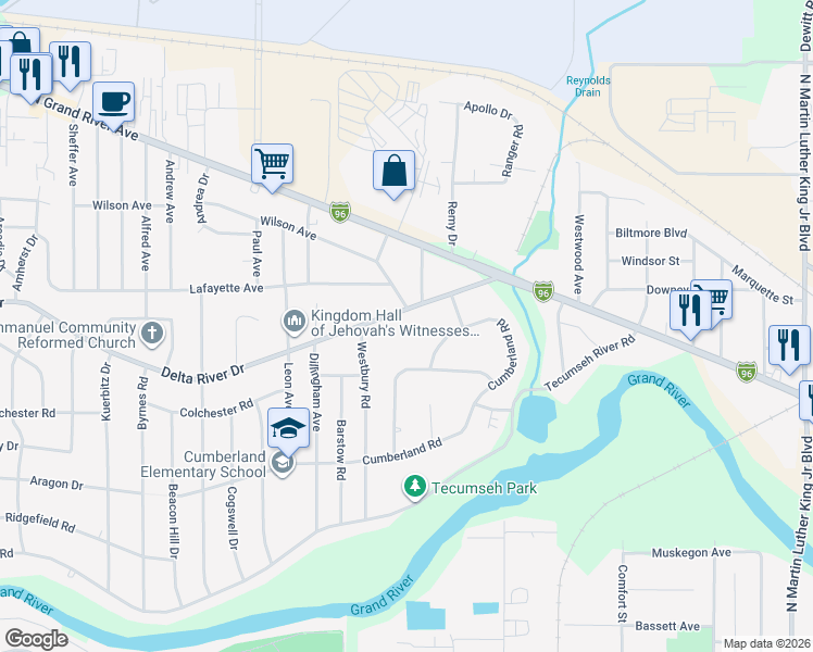 map of restaurants, bars, coffee shops, grocery stores, and more near 2415 Delta River Drive in Lansing