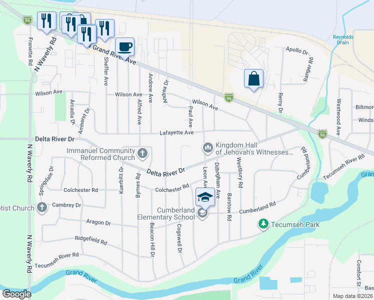 map of restaurants, bars, coffee shops, grocery stores, and more near 2712 Gatsby Court in Lansing