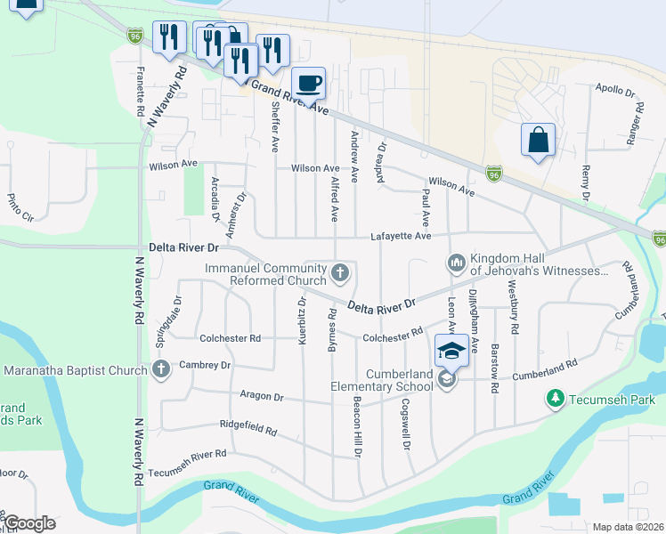 map of restaurants, bars, coffee shops, grocery stores, and more near 3313 Sunny Street in Lansing