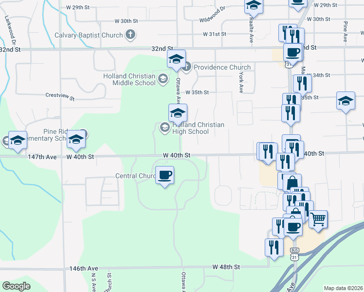 map of restaurants, bars, coffee shops, grocery stores, and more near 977 Ottawa Avenue in Holland