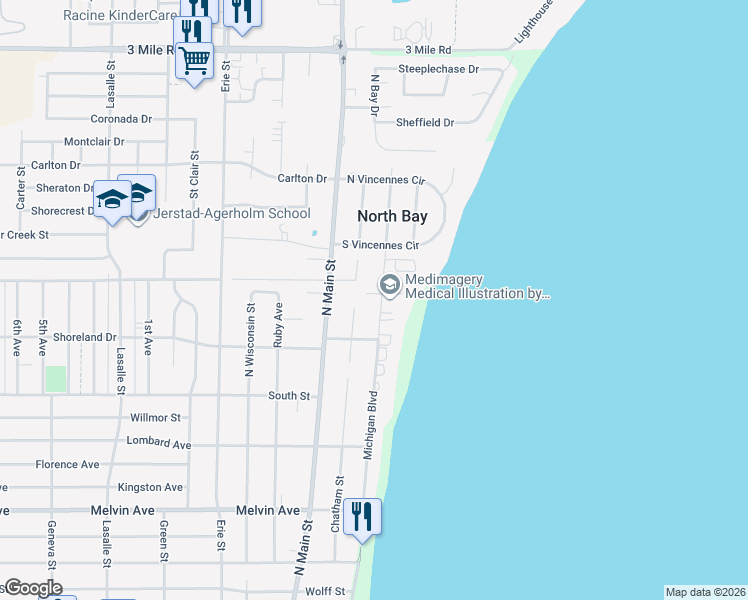 map of restaurants, bars, coffee shops, grocery stores, and more near 121 Michigan Court in Racine