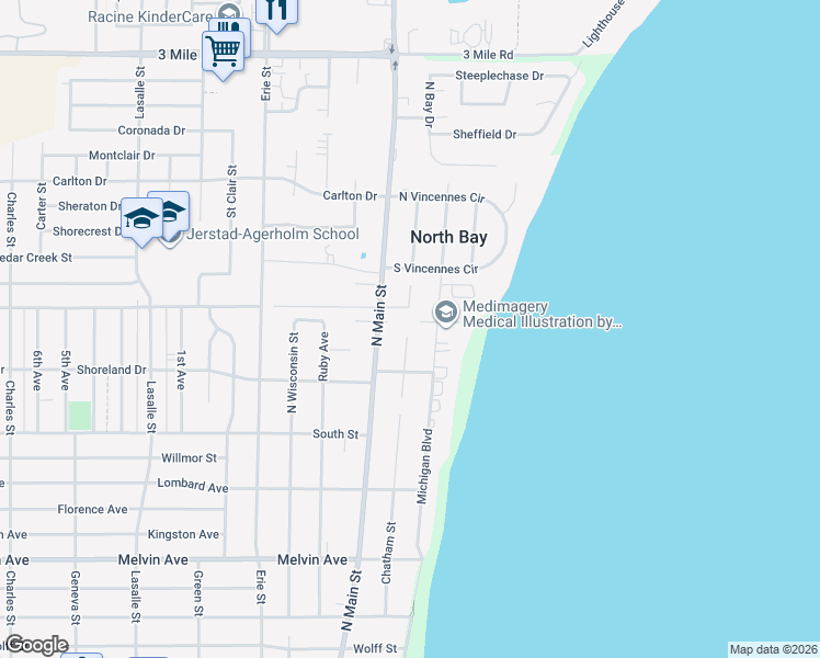 map of restaurants, bars, coffee shops, grocery stores, and more near 221 Michigan Court in Racine