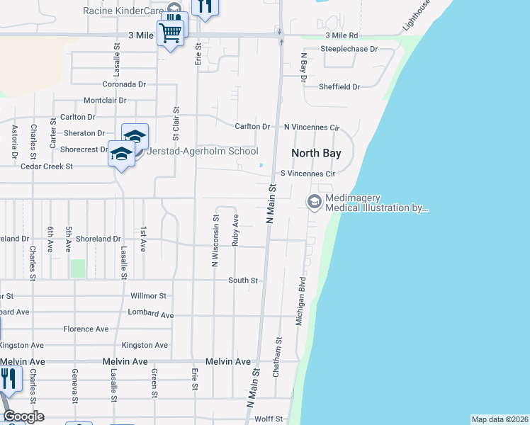 map of restaurants, bars, coffee shops, grocery stores, and more near 407 Jonathon Drive in Racine