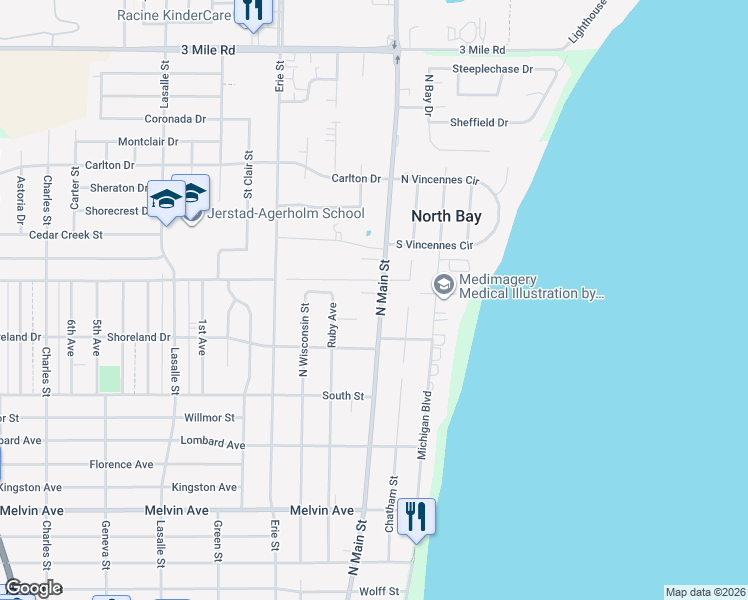 map of restaurants, bars, coffee shops, grocery stores, and more near 407 Jonathon Drive in Racine