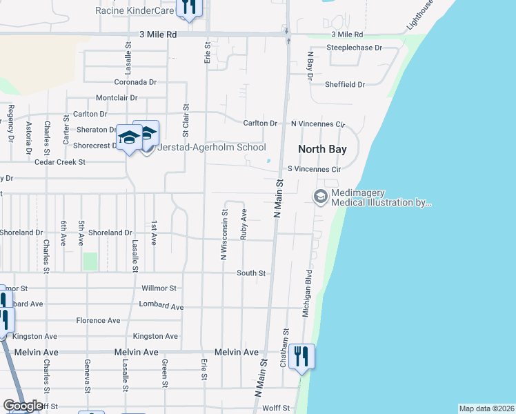 map of restaurants, bars, coffee shops, grocery stores, and more near 3451 Ruby Avenue in Racine