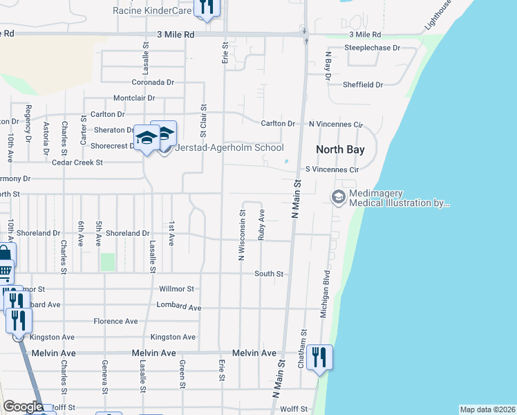 map of restaurants, bars, coffee shops, grocery stores, and more near 3451 Ruby Avenue in Racine