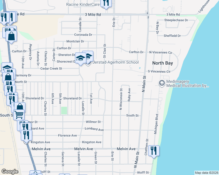 map of restaurants, bars, coffee shops, grocery stores, and more near 3444 Erie Street in Racine