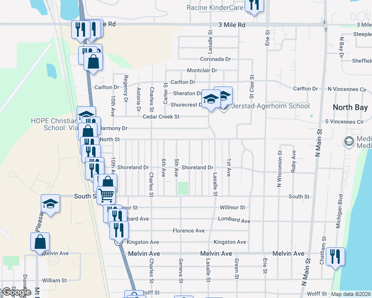 map of restaurants, bars, coffee shops, grocery stores, and more near 3437 4th Avenue in Racine