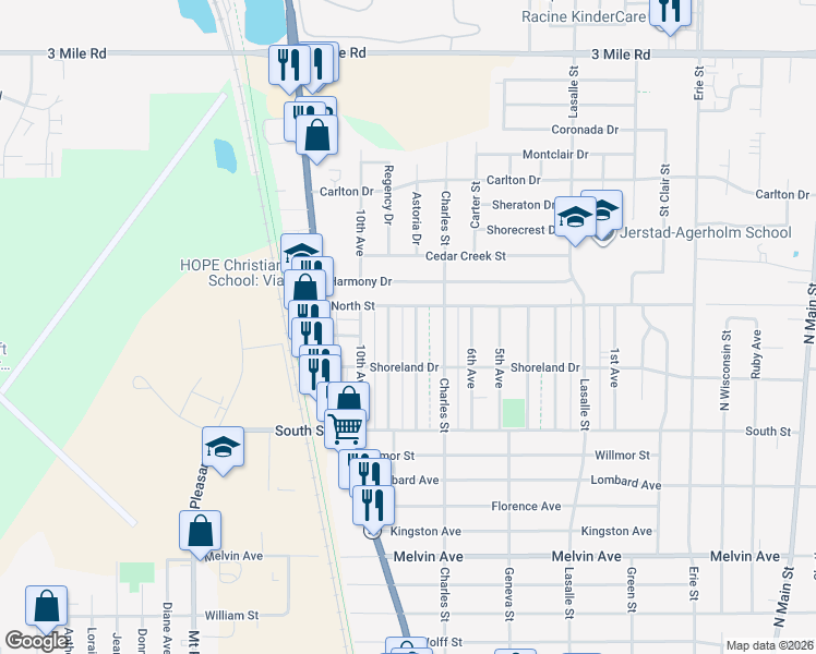 map of restaurants, bars, coffee shops, grocery stores, and more near 3437 8th Avenue in Racine