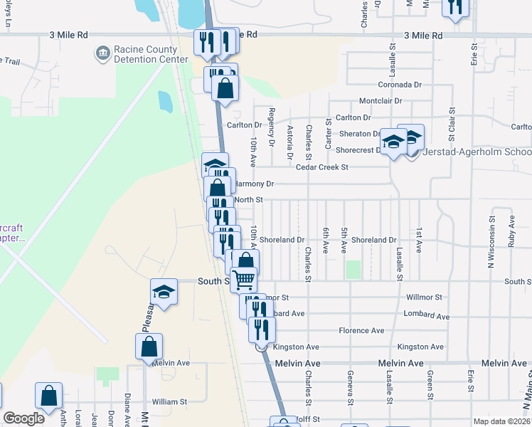 map of restaurants, bars, coffee shops, grocery stores, and more near 3434 9th Avenue in Racine