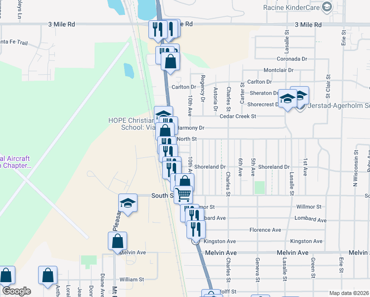 map of restaurants, bars, coffee shops, grocery stores, and more near 1542 Short Street in Racine