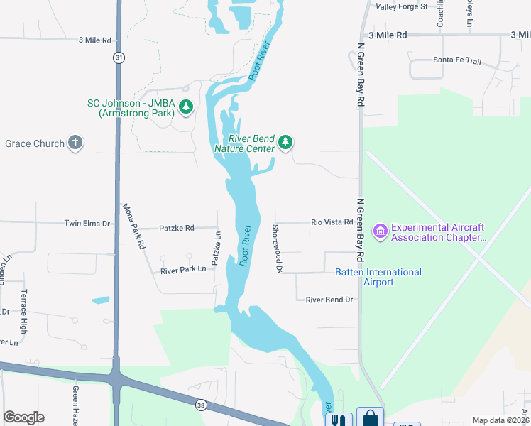 map of restaurants, bars, coffee shops, grocery stores, and more near 3450 Shorewood Drive in Racine