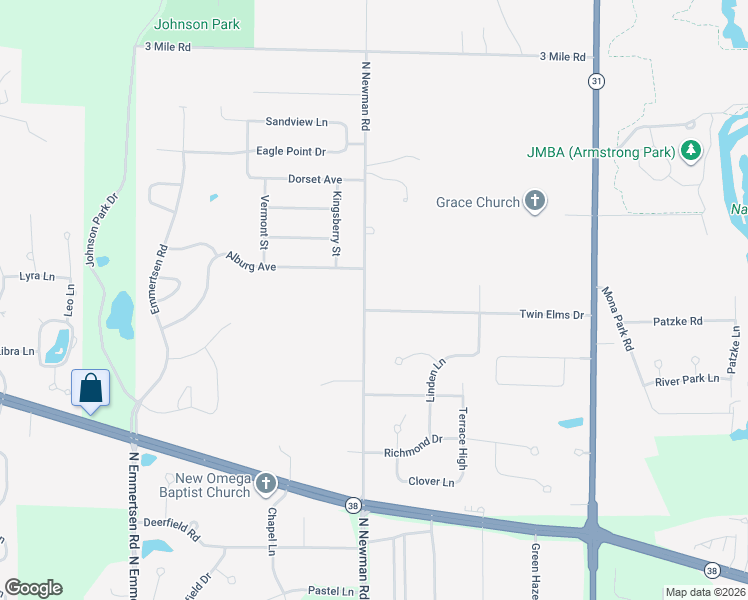 map of restaurants, bars, coffee shops, grocery stores, and more near 3433 North Newman Road in Racine