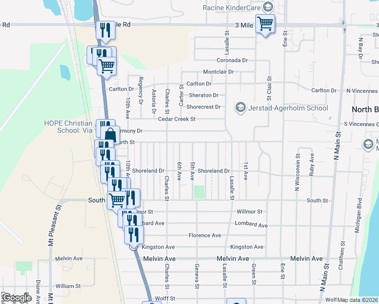 map of restaurants, bars, coffee shops, grocery stores, and more near 3440 5th Avenue in Racine