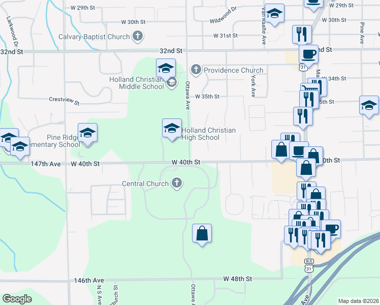 map of restaurants, bars, coffee shops, grocery stores, and more near 977 Ottawa Avenue in Holland