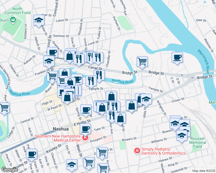 map of restaurants, bars, coffee shops, grocery stores, and more near 84 Temple Street in Nashua