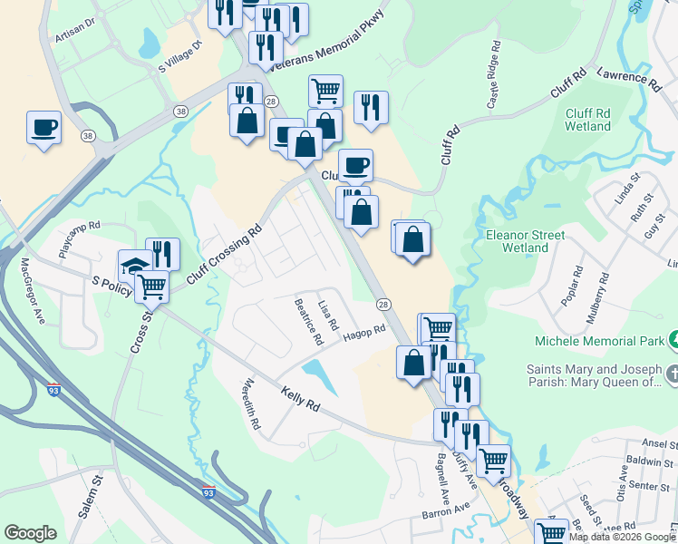map of restaurants, bars, coffee shops, grocery stores, and more near 20 Tiffany Road in Salem