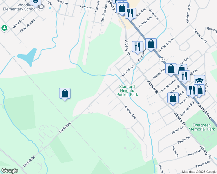 map of restaurants, bars, coffee shops, grocery stores, and more near Cordell Road & Bonner Avenue in Schenectady