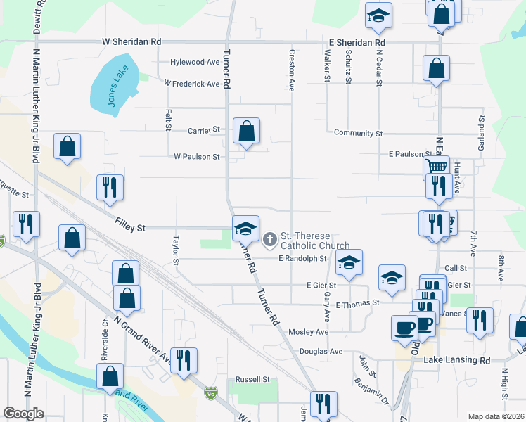 map of restaurants, bars, coffee shops, grocery stores, and more near 123 West Jackson Street in Lansing