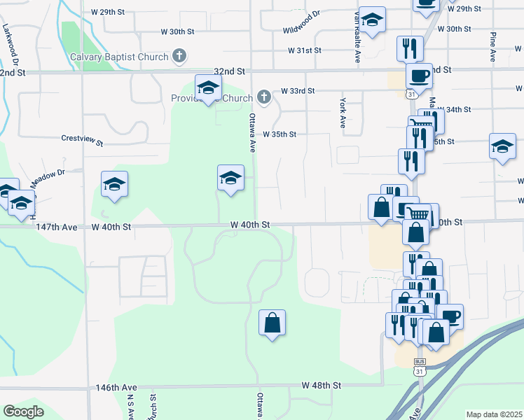 map of restaurants, bars, coffee shops, grocery stores, and more near 401 West 40th Street in Holland