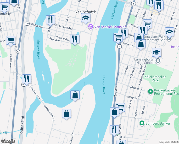 map of restaurants, bars, coffee shops, grocery stores, and more near 12204 Admiral's Walk Drive in Cohoes