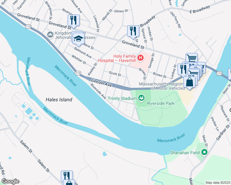 map of restaurants, bars, coffee shops, grocery stores, and more near 25 Munroe Street in Haverhill