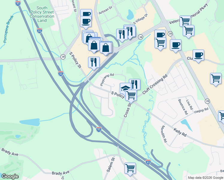 map of restaurants, bars, coffee shops, grocery stores, and more near 167 South Policy Street in Salem