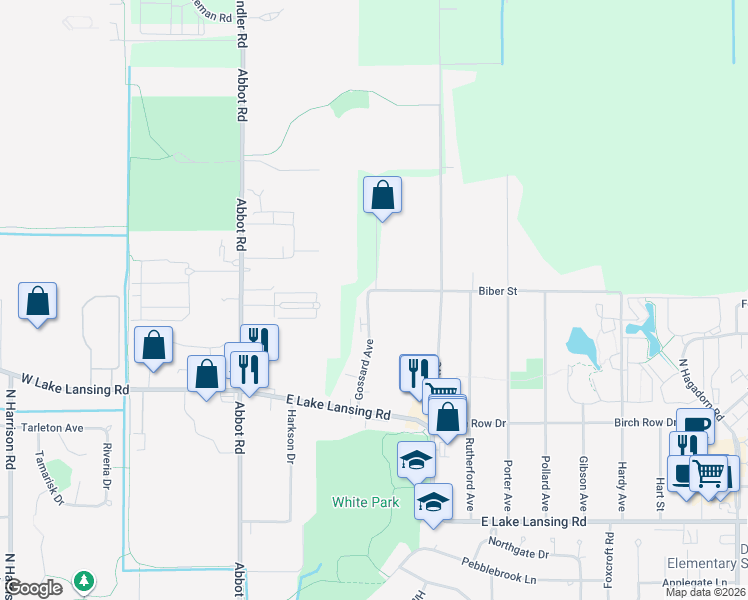 map of restaurants, bars, coffee shops, grocery stores, and more near 6261 Gossard Avenue in East Lansing