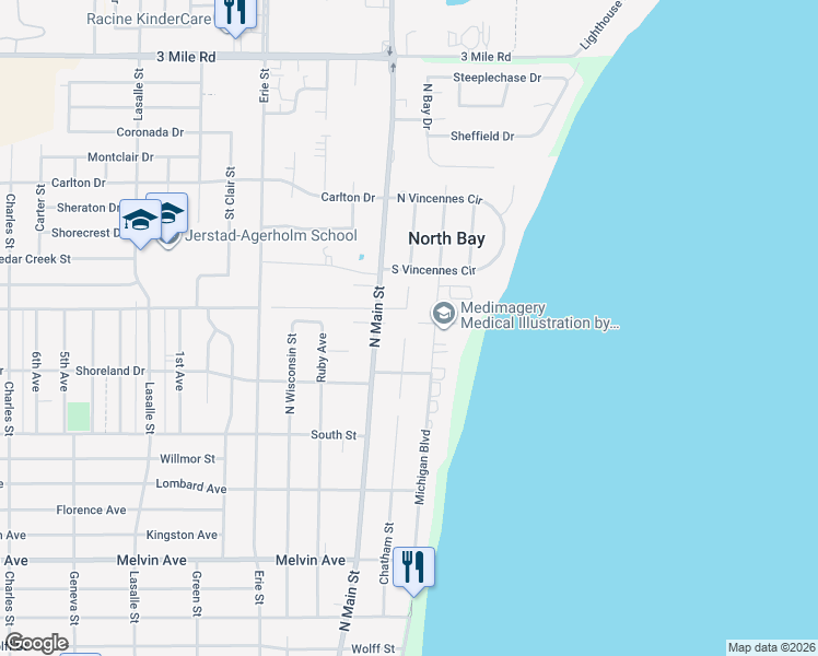 map of restaurants, bars, coffee shops, grocery stores, and more near 221 Michigan Court in Racine