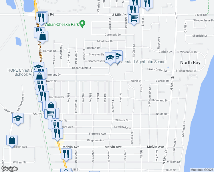 map of restaurants, bars, coffee shops, grocery stores, and more near 3441 3rd Avenue in Racine