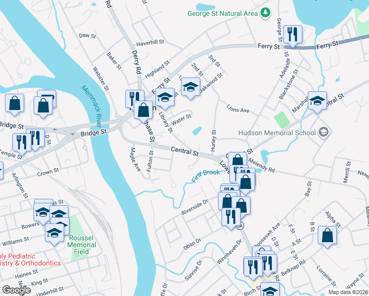 map of restaurants, bars, coffee shops, grocery stores, and more near 39 Library Street in Hudson