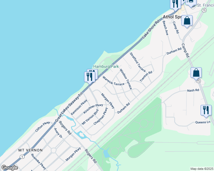 map of restaurants, bars, coffee shops, grocery stores, and more near 3072 Milford Road in Hamburg