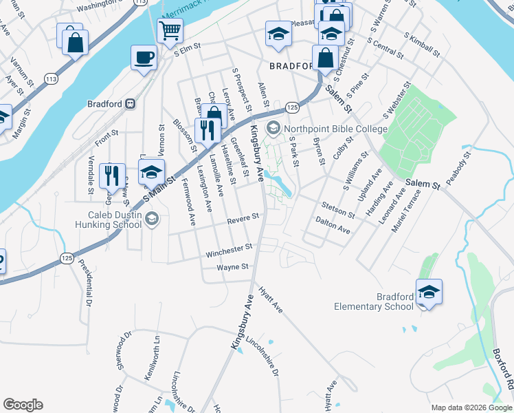 map of restaurants, bars, coffee shops, grocery stores, and more near 5 Revere Street in Haverhill
