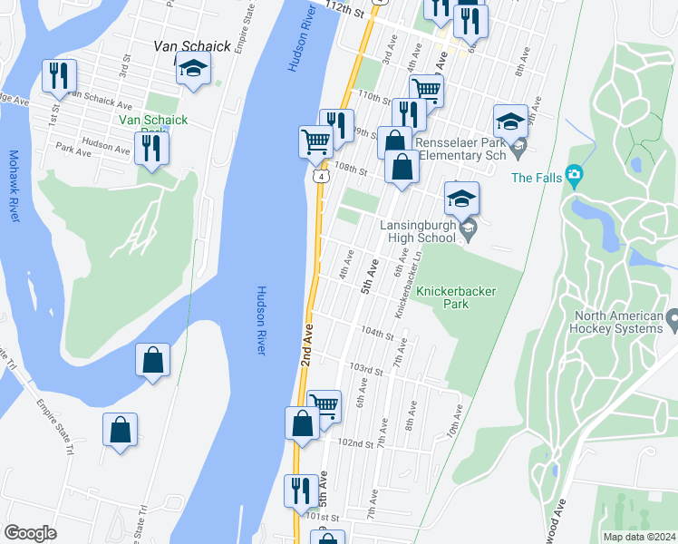 map of restaurants, bars, coffee shops, grocery stores, and more near 250 4th Avenue in Troy