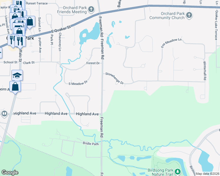 map of restaurants, bars, coffee shops, grocery stores, and more near 10 Stonehenge Court in Orchard Park