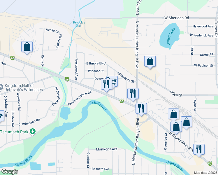 map of restaurants, bars, coffee shops, grocery stores, and more near 2816 Mildred Street in Lansing