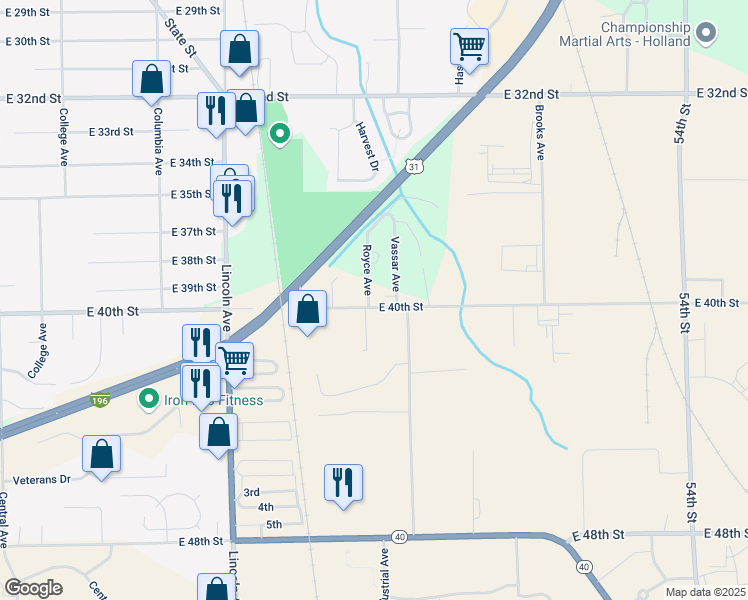 map of restaurants, bars, coffee shops, grocery stores, and more near 981 Royce Avenue in Holland