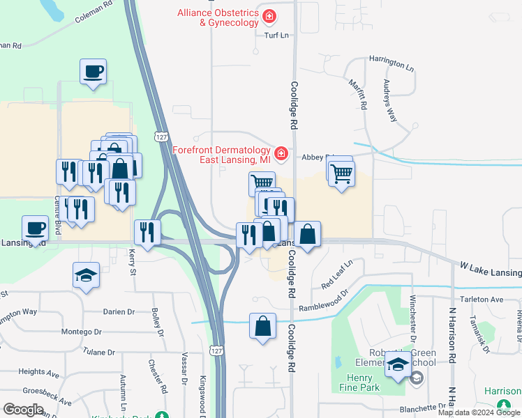map of restaurants, bars, coffee shops, grocery stores, and more near 1550 West Lake Lansing Road in East Lansing