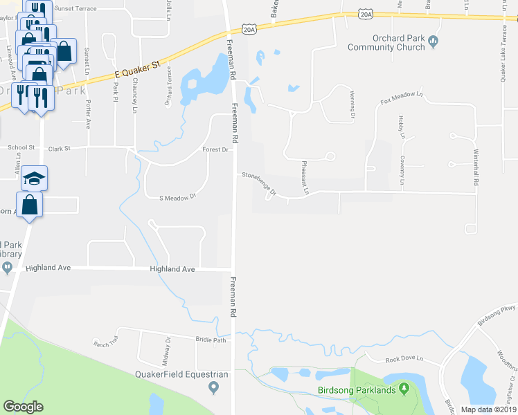 map of restaurants, bars, coffee shops, grocery stores, and more near 10 Stonehenge Court in Orchard Park