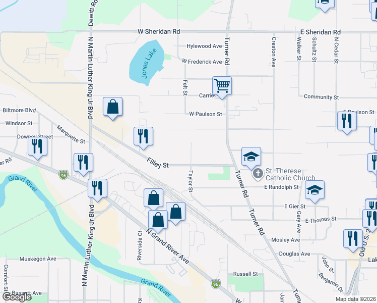 map of restaurants, bars, coffee shops, grocery stores, and more near 2701 Taylor Street in Lansing