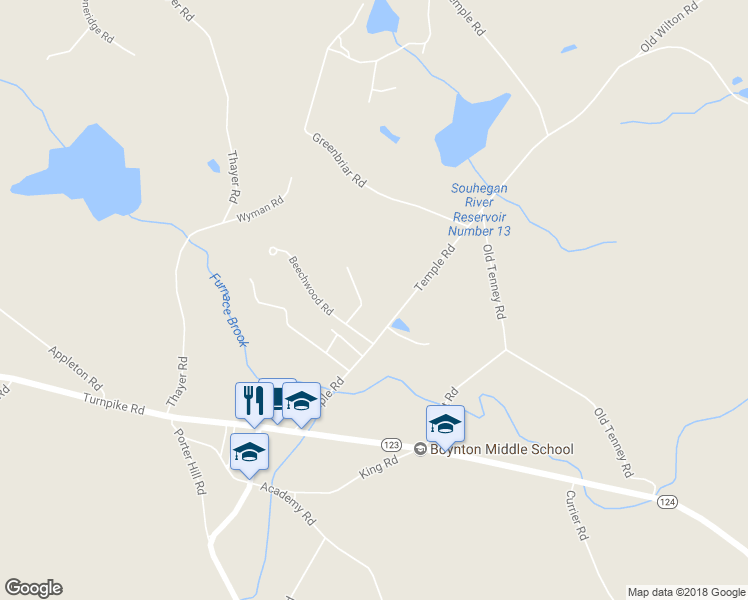 map of restaurants, bars, coffee shops, grocery stores, and more near 68 Temple Road in New Ipswich