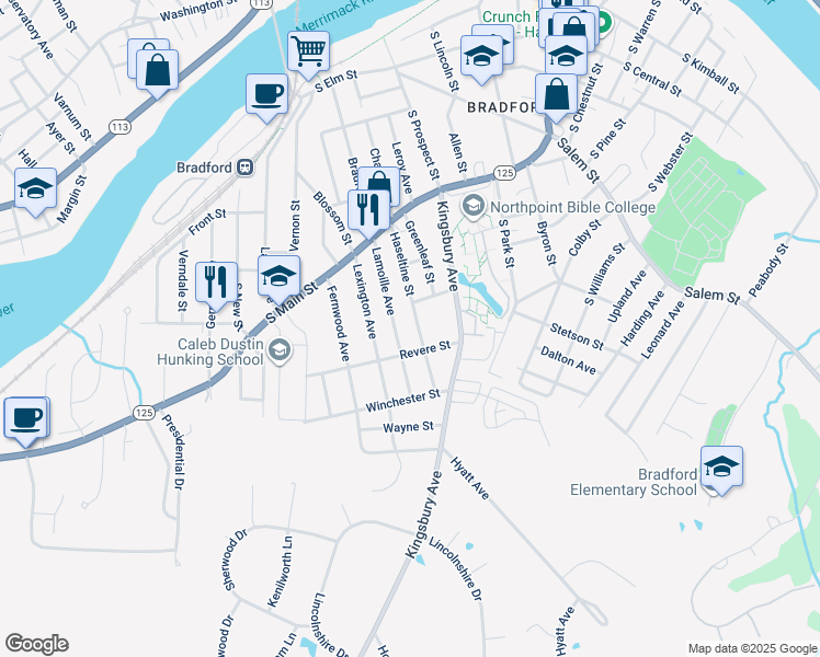 map of restaurants, bars, coffee shops, grocery stores, and more near 70 Lamoille Avenue in Haverhill